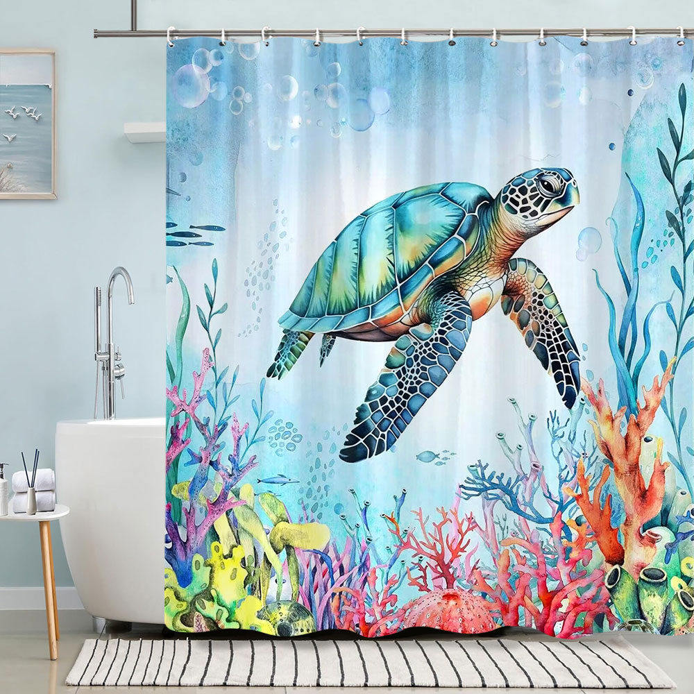 거북이 샤워 커튼, 해변 앵커, 불가사리 수채화 예술, - Shower Curtain Liner 리뷰 및 가격