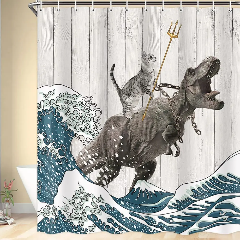 재미 있은 고양이 샤워 커튼, 멋진 고양이 공룡 일본  - Shower Curtain Liner 리뷰 및 가격